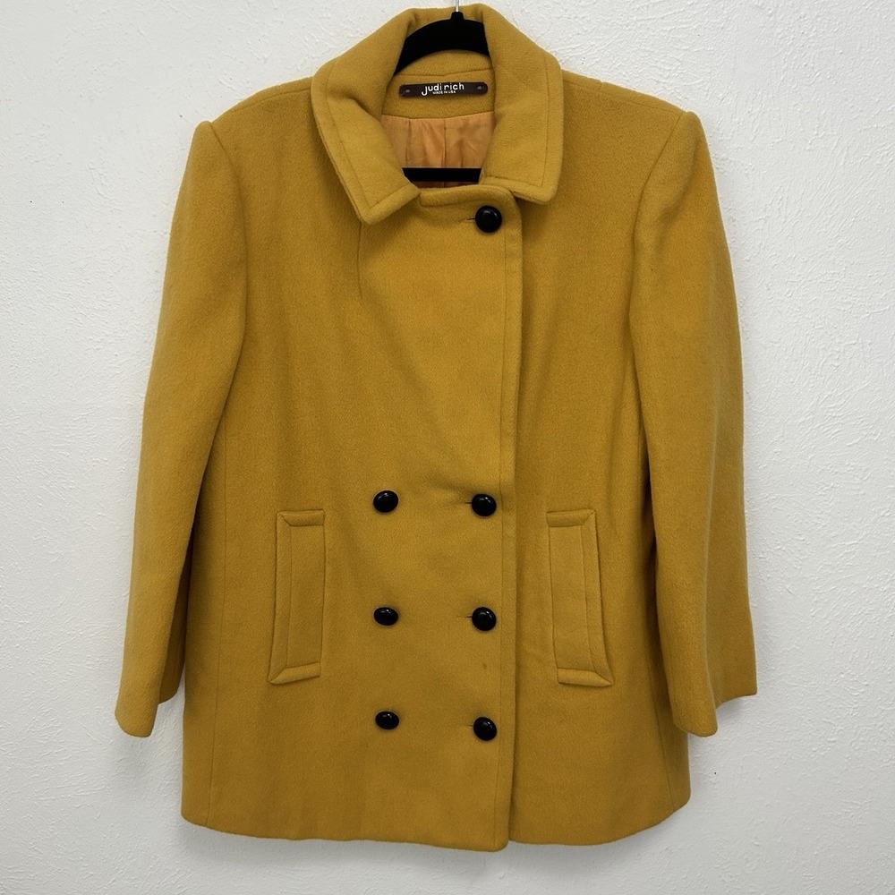 Vintage Judi Rich Double Breasted Wool Peacoat‎ Mustard Yellow M/L Made In USA